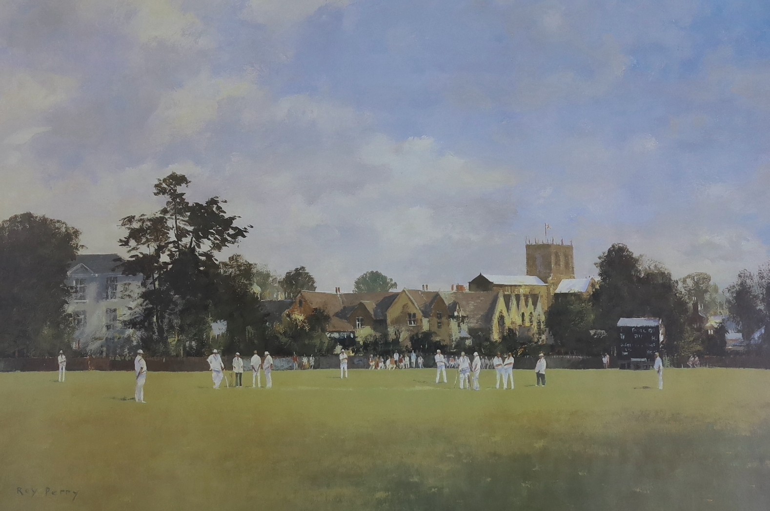 Roy Perry (1935-1993), limited edition coloured cricketing print, Sherborne', signed, titled and numbered 109/500, 40 x 56cm